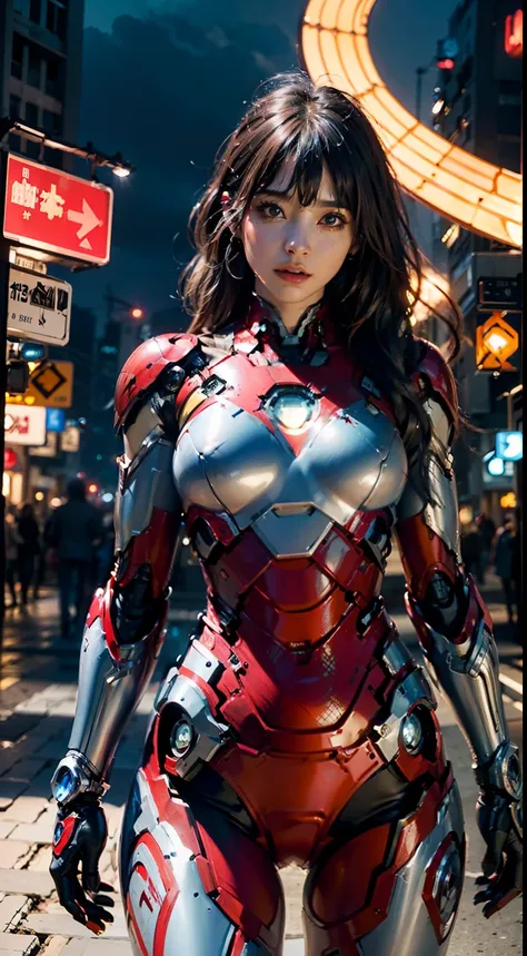 8K，realisticlying，Glamorous，The is very detailed，A 26-year-old girl, a sexy and charming woman, inspired by Iron Man，Wearing a shiny Iron Man mech，Fly in the air，Jet flames erupt from under your feet，Raise your hands back and forth to fire the laser，She dr...