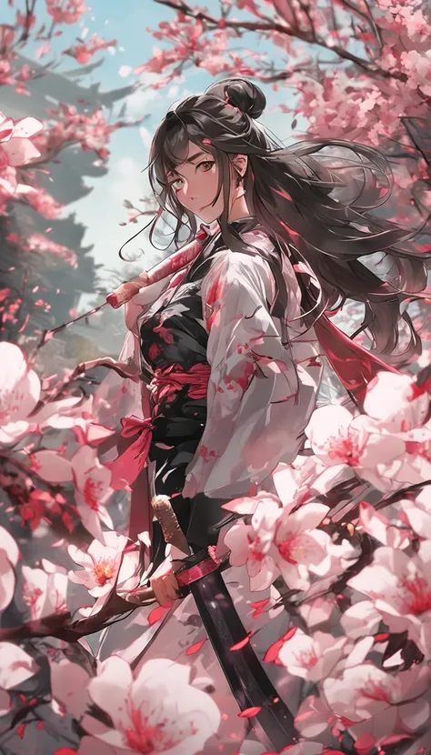 Danfeng Eyes，bushido，The upper part of the body，Black coiled hair，Simple hairpins，Cold eyes，solo person，orthofacial，frontage，Peach blossom background，Highly saturated colors，Hyper Real，8K high-definition，holding a longsword，Absolutely beautiful，high light，...