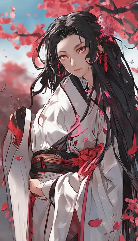 Danfeng Eyes，bushido，The upper part of the body，Black coiled hair，Simple hairpins，Cold eyes，solo person，orthofacial，frontage，Peach blossom background，Highly saturated colors，Hyper Real，8K high-definition，holding a longsword，Absolutely beautiful，high light，...