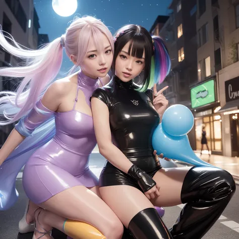 masutepiece,A hyper-realistic,32K,the Extremely Detailed CG Unity 8K Wallpapers, Best Quality,2 women, embracing each other,Rainbow Color Latex Cheongsam,Colorful slime clothes,Deep Turtleneck,Rainbow slime long skirt,Black bob hair,Silver wave hair,(over ...