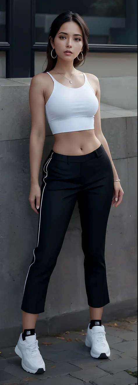 Beautiful Latina woman araffed in white top and black pants standing on a brick sidewalk, foto fit, imagem de corpo inteiro, tinyest midriff ever, midriff exposto, recorte de meio corpo, her navel is exposed, physical : tinyest midriff ever, Bonito midriff...