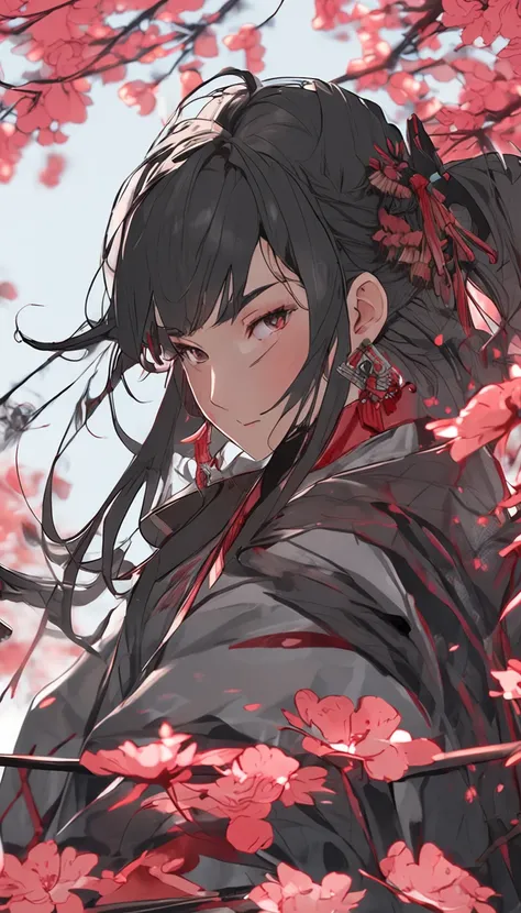 Danfeng Eyes，bushido，The upper part of the body，Black coiled hair，Simple hairpins，Cold eyes，solo person，orthofacial，frontage，Peach blossom background，Highly saturated colors，Hyper Real，8K high-definition，holding a longsword，Absolutely beautiful，high light，...