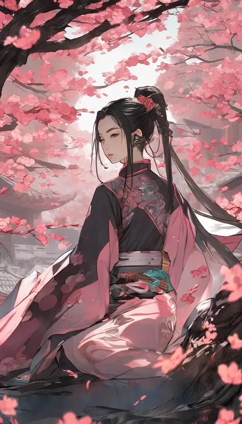 Danfeng Eyes，bushido，The upper part of the body，Black coiled hair，Simple hairpins，Cold eyes，solo person，orthofacial，frontage，Peach blossom background，Highly saturated colors，Hyper Real，8K high-definition，holding a longsword，Absolutely beautiful，high light，...