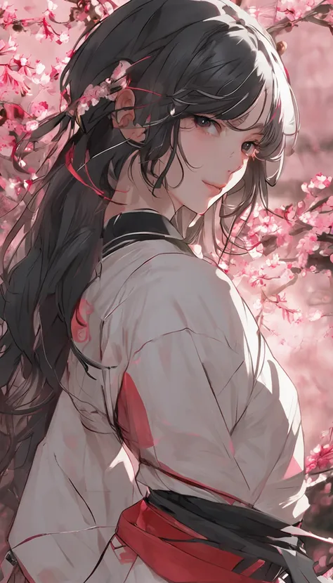 Danfeng Eyes，bushido，The upper part of the body，Black coiled hair，Simple hairpins，Cold eyes，solo person，orthofacial，frontage，Peach blossom background，Highly saturated colors，Hyper Real，8K high-definition，holding a longsword，Absolutely beautiful，high light，...