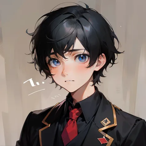 A boy with short black hair and a black school uniform，A helpless expression，At school，A helpless expression