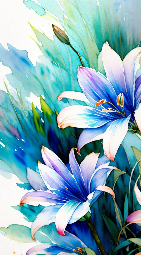 wtrcolor style, digital art of (Blue Lilies), official art, blown by the wind, masterpiece, beautiful, ((watercolor)), splashes of paint, intricate details. Great detail, [pinging: 0.5], trend on Artstation, Rachel Walker