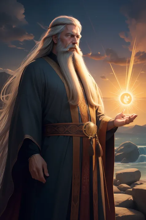 "Imagine a digital illustration featuring a wise prophet in his mid-50s, with long flowing hair and a majestic beard, imparting profound spiritual teachings."