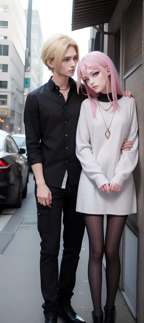 ​masterpiece, top-quality, 2Others, Male and female couples, 1 man and 1,, Adults, Height difference, different fashion, different color, finely eye and detailed face, intricate detailes, Casual clothing, Oversized shirt, Modern urban streets, Hands on bac...