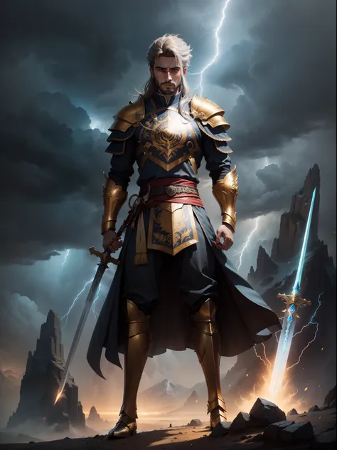 "Hamza", majestic warrior, standing tall on a mountain peak, adorned with intricate armor, a golden sword gleaming in his hand, surrounded by a swirling storm of lightning and dark clouds, exuding power and determination.