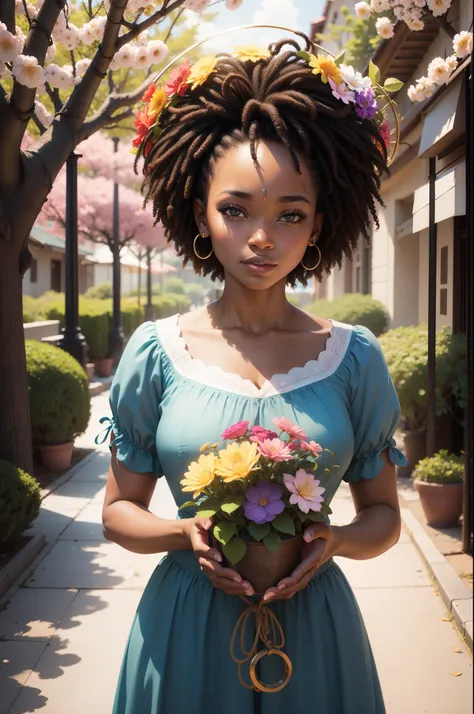 An enchanting African American woman with a halo of colorful blossoms framing her face.