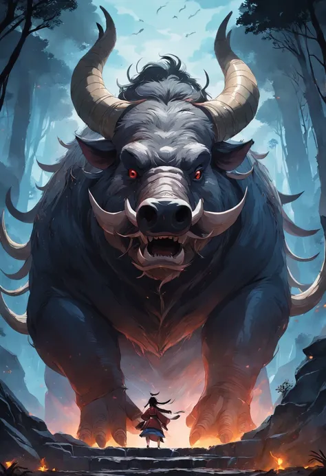 Chinese mythology，Higher than mountains,A huge wild boar，Dark style，huge tusks，Huge body contrast