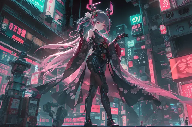 "A cyberpunk-inspired oiran dystopia, featuring a slender girl wearing a kimono-like mechanical bodysuit, set in a futuristic neon-lit cityscape at night."