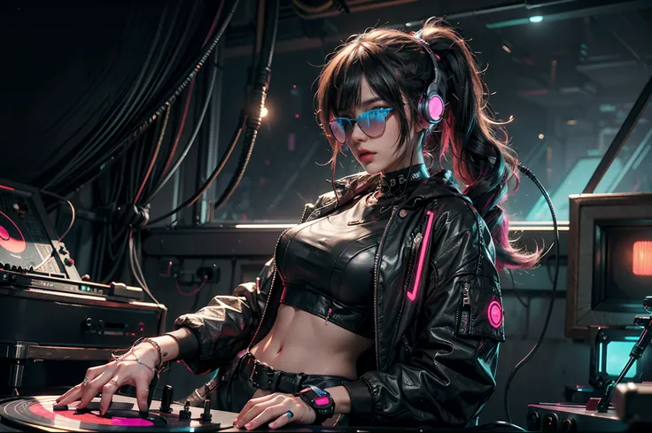 "Cyberpunk DJ girl with cool head set,front view ,cool open jacket and crop top shirt, rocking sun glasses, two big LED glowing loudspeakers on each side, immersed in a neon-lit environment, vinyl record on turntable with music mixer and turntable in front...