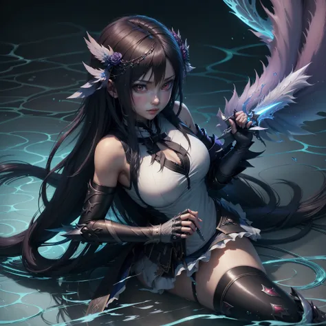 anime girl with long black hair and a sword in her hand, concept art by Jin Homura, pixiv, process art, detailed key anime art, high detailed official artwork, /! the sorceress, wallpaper anime blue water, beautiful fantasy anime, anime goddess, portrait k...