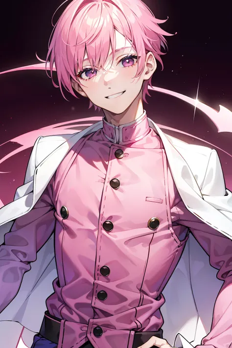 Boy with pink hair，tmasterpiece，Handsome face，Clear facial features,Pink outfit，Concise background，Domineering smile