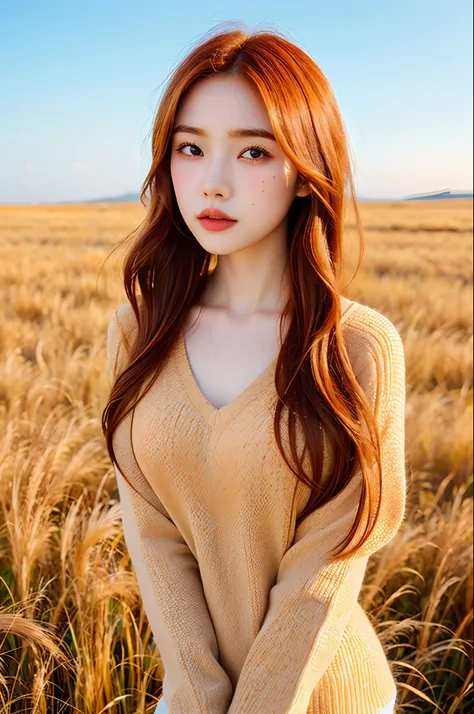 full bodyesbian, Portrait of cute redhead girl, Standing on a wheat field, full bloom, orange fog, Exercise, floated hair, Realism, High-quality rendering, stunning art, High quality, filmgrain, Fujifilm XT3, Dreamy, Acne, freckle, imperfections, 85mm, Nik...