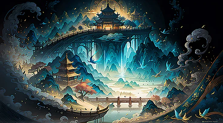 Image of Asian landscape，There are mountains and birds in the air，In a fantastical otherworldly visual style，Light cyan and gold，intricate map world，Illustration of a hyperrealistic，romantic cityscapes，detailed character illustrations，Organic shapes and cu...