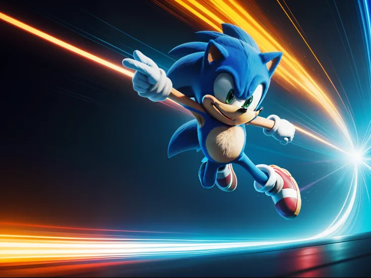 "Sonic the Hedgehog, captured in a vibrant and dynamic moment, showcasing his iconic speed and agility, with an intense blue backdrop and splashes of vibrant colors, creating a visually stunning CG artwork."