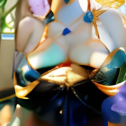 Ultra-detailed complex 3D rendering of faces、(​masterpiece、top-quality、octan render、)、Glamour shot full body image、Very beautiful young elf、 cleavage of the breast、(highlydetailed skin:1.2)、(Pubic hair shows through:1.1)、(((Blue and gold micro bikini and j...