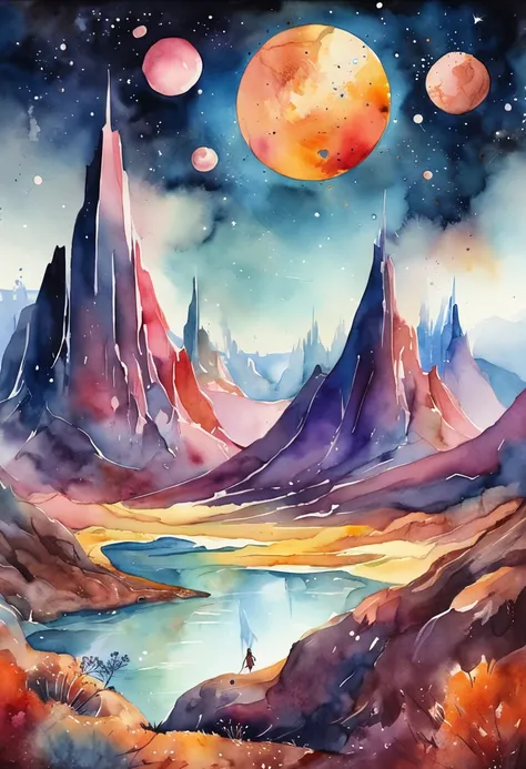 Colorful futuristic space illustration，There is a planet in the middle, A beautiful artwork illustration