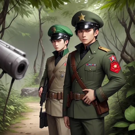 Black-brown eyes，Short hair thats a bit messy，Wearing a six-five-style military uniform，With a green octagonal hat，There is a red star on the hat，With a five- or six-punch rifle，In the dense jungle