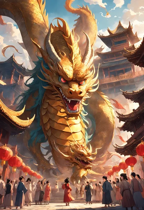 Chinese dragons soar in the sky，Goddesses dance in the bustling city under the dome，The crowd happily watched the ancient buildings up and down，The golden sun shines on everyone，Ancient Tang style，Prosperity，Cinematic texture，high-definition picture qualit...