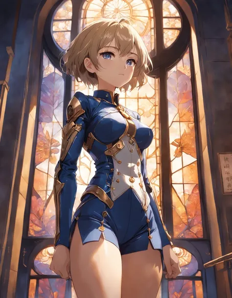 A beautiful girl with a thight suit, hourglass body, sunbeams through the window, Dusk, intricate details, very short hair, masterpiece, best quality