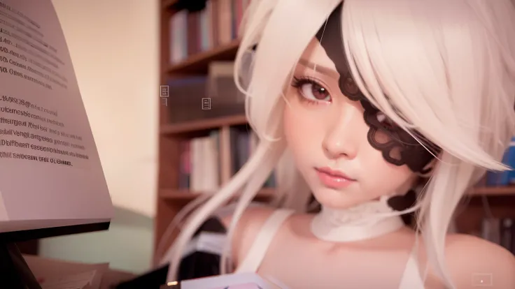 Anime girl with long white hair holding a book in front of a bookshelf, rendered in sfm, 2b, 2 b, anime styled 3d, 4 k octan render, Tifa Lockhart with white hair, Neil 2 B, 2b NIER automata, A scene from the《azur lane》videogame, photorealistic anime girl ...