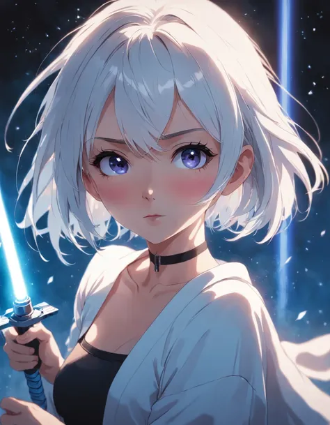 A photo, very short hair, white hair, portrait of a beautiful girl, as a jedi, (holding a lightsaber)