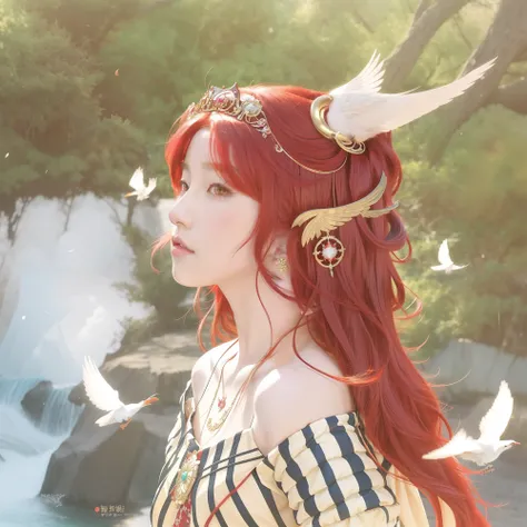 anime girl with long red hair and a bird in her hair, ((a beautiful fantasy empress)), beautiful anime portrait, digital anime illustration, anime in fantasy style, in the art style of bowater, made with anime painter studio, digital art on pixiv, beautifu...