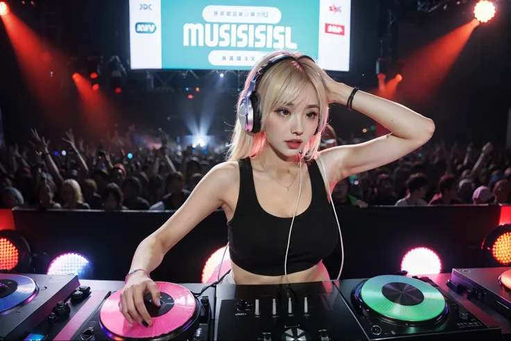 photo of mature bimbo (DJ:1.2) playing at a vibrant (music festival:1.2) with (energetic crowd:1.1) and (colorful stage lights:1.1), (her each hands on each discs), platinum blonde side tail hair, wearing cropped colorful tank top, wearing large headphone