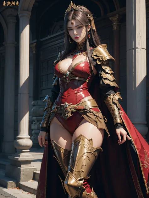 tmasterpiece，A high resolution,Absolutely beautiful，a mature female，Fine and detailed eyes and detailed face，Tall and tall，She wears metal armor，Full coverage armor，Armor pants，Armor boots，Show the armor look、Shogun， allure：（Tall：1.4），haughty，Mature temper...