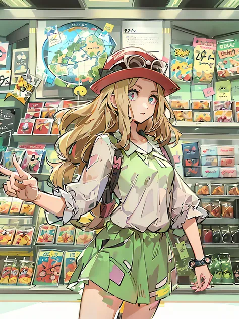 Estilo anime, um plano de fundo com um quadro branco para escrever, Serena is pointing her finger at the store, extremamente linda, rosto lindo, olhos verdes, cabelo longo e loiro, ela se encontra ao lado da lousa, ultrarrealista | |, 2D, tem pokemon ao la...