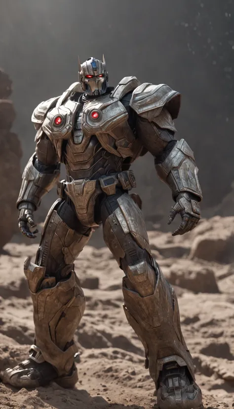 Optimus Prime(professional 3d render:1.3) Linen cloak(Realistic:1.3) Lunar soil，most beautiful artwork photo in the world，Features soft and shiny male heroes, ((Epic heroes，Male roughness，Wet Heros Wrath，Looks long hair，Ferocious expression with short bear...