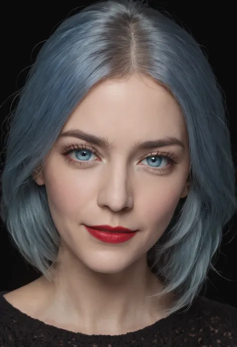 A medium closeup photo of a woman with light blue hair, intense blue eyes that emit a strong glow, thick and dark eyebrows, a well-made up face, and red lipstick-adorned lips. She is wearing a black woolen shirt. The setting is a photographic studio with a...