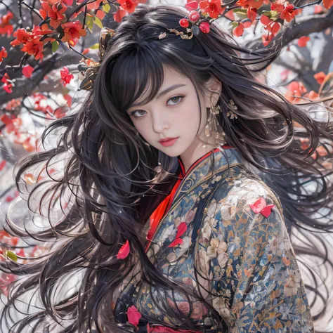 32K（tmasterpiece，k hd，hyper HD，32K）Long flowing black hair，ponds，zydink， a color，  Xuzhou people （Seduce girls）， （Red scarf of the desert）， Combat posture， looking at the ground， long whitr hair， Floating hair， Carp pattern headdress， Chinese long-sleeved ...