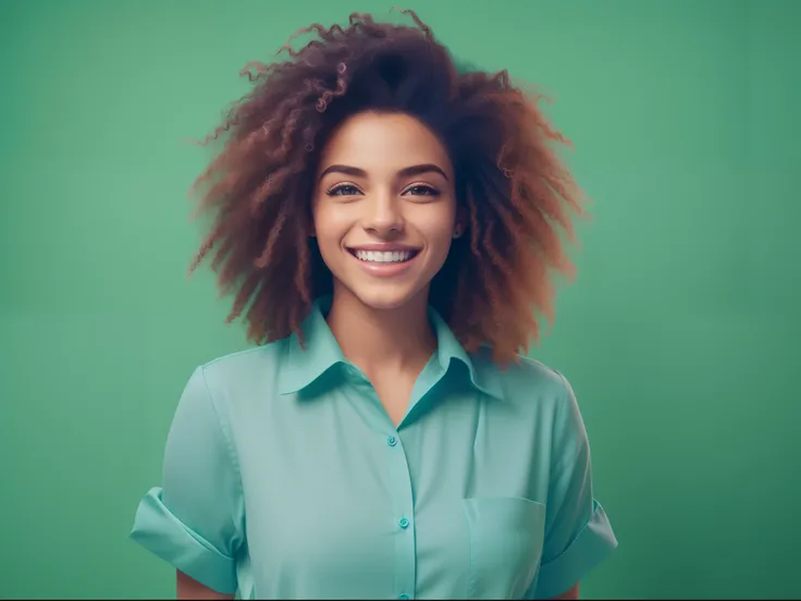 Image centered in a studio with a blue chroma key background, mulher loira jovem, sorriso suave, cabelo curto, (((camisa branca))), positioned in front of the camera