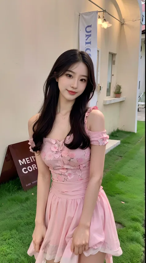 Close-up of a woman in pink dress standing on green lawn, Wearing a pink dress, young and cute girl, Wearing a pink dress, Pink floral dress, ulzzangs, beautiful pretty young, xintong chen, a cute young woman, beautiful Korean women, cute young woman, Gorg...