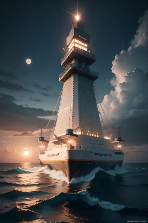 the sea，correspondence，electromagnetic wave，base station，das boot，moons，Tower，radar，Maritime technology，Innovative，frontier，Best quality at best，tmasterpiece，photograph of-realistic，Complicated details，RAW photogr，Photon rendering，8K masterpiece