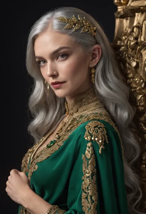 (masterpiece, editorial portrait:1.2), (stunning editorial portrait capturing an elven woman with shimmering silver hair, bright emerald green eyes, and flawlessly smooth skin:1.2), (adorned with gold jewelry around her neck and ears, accentuating her eleg...