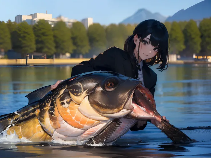 ((((Catch a big black bass by the lakeside:1.5)))),((1 Female 22 years old))((Best Quality, masterpiece :1.5)),(((Hands with the correct number and structure of fingers:1.4))),hight resolution,ultra-detailliert,​masterpiece,best qualtiy,,Black hair, long e...