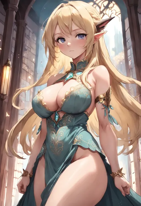 mature,anime,elf,woman,blonde,tall,SFW busty,voluptuous,SFW huge breasts,curvy,intricate detailed long dress