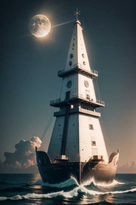 the sea，correspondence，electromagnetic wave，base station，das boot，moons，Tower，radar，Maritime technology，Innovative，frontier，Best quality at best，tmasterpiece，photograph of-realistic，Complicated details，RAW photogr，Photon rendering，8K masterpiece