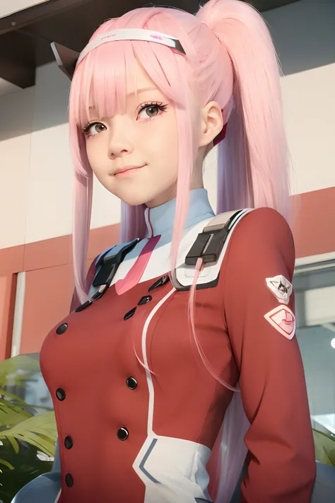 anime girl with pink hair and blue eyes in a red uniform, zero two, anime visual of a cute girl, megumu okada, fine details. girls frontline, haruno sakura, anime visual of a young woman, anya from spy x family, official art, official character art, offici...