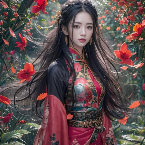 32K（tmasterpiece，k hd，hyper HD，32K）Long flowing black hair，ponds，zydink， a color，  Xuzhou people （Seduce girls）， （Red scarf of the desert）， Combat posture， looking at the ground， long whitr hair， Floating hair， Carp pattern headdress， Chinese long-sleeved ...