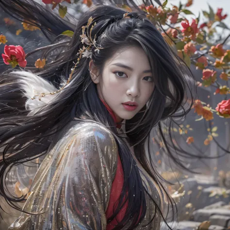 32K（tmasterpiece，k hd，hyper HD，32K）Long flowing black hair，ponds，zydink， a color，  Xuzhou people （Seduce girls）， （Red scarf of the desert）， Combat posture， looking at the ground， long whitr hair， Floating hair， Carp pattern headdress， Chinese long-sleeved ...