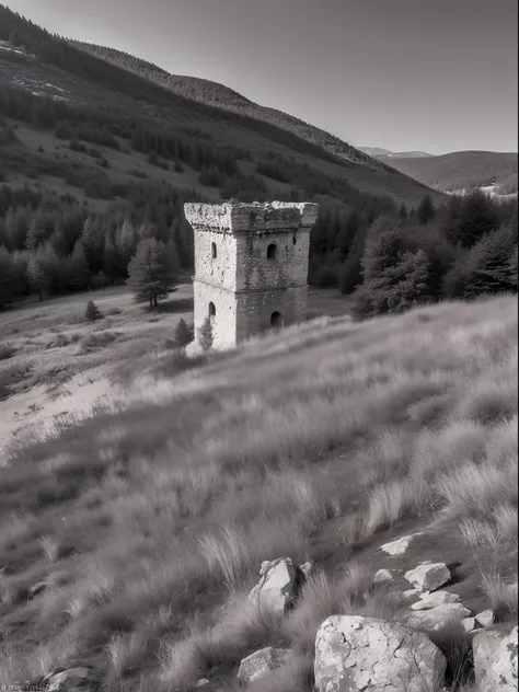 Torre medieval abandonada, On a rocky mountain in the middle of the Spanish meadow, estilo de Ferdinand Knab