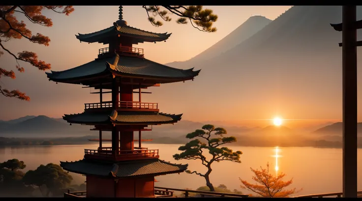 sun rising from behind japanese pagoda trees sunrise,