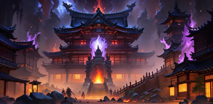 Close-up of the building，There is fire in the middle, world of warcraft concept art, world of warcraft art style, Riot game concept art, Feng Zhu concept art, Onmyoji detailed art, by Yang J, world of warcraft splash art, library of ruina concept art, Worl...