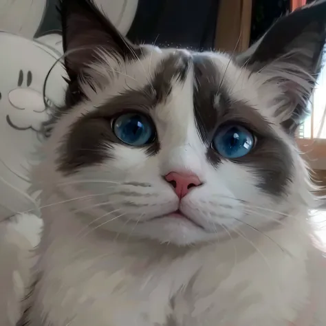 The Ragdoll cat, She has a cute face, fluffy face, she has a cute expressive face, pale blue color eyes!